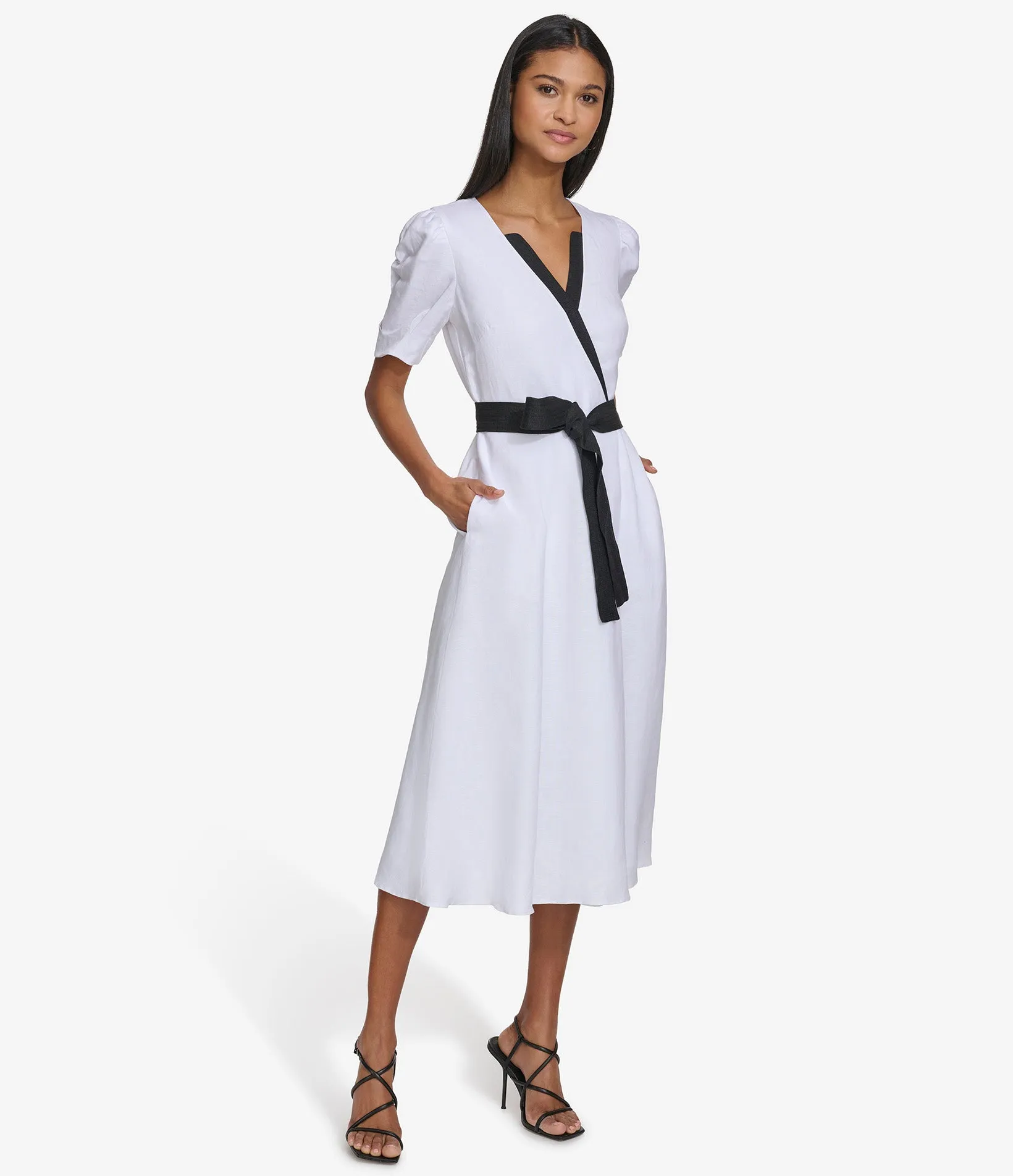 LINEN CONTRAST TRIM MIDI DRESS sold by Karl Lagerfeld Paris
