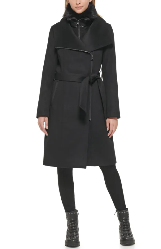 ASYMMETRICAL WOOL COAT WITH SHEARLING BIB sold by Karl Lagerfeld Paris