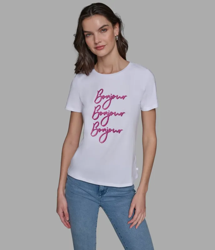 BONJOUR X 3 EMBELLISHED TEE sold by Karl Lagerfeld Paris