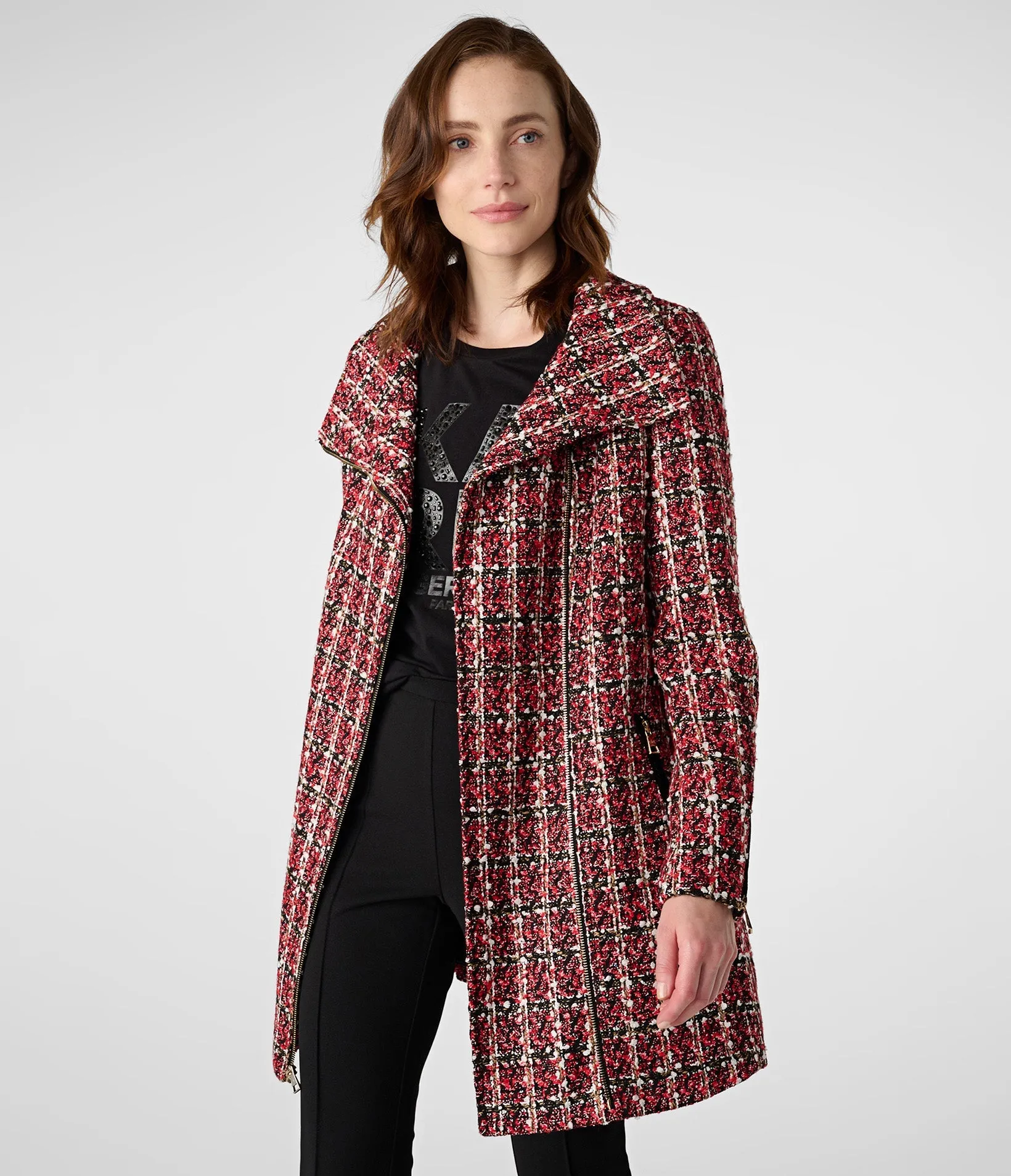 PLAID SEQUINS ZIP FRONT TWEED COAT sold by Karl Lagerfeld Paris