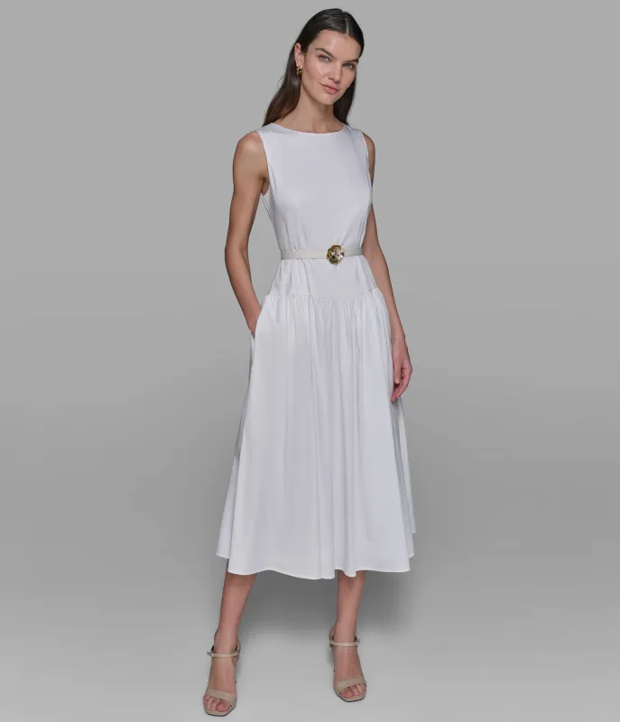 SLEEVELESS BELTED DROP WAIST DRESS sold by Karl Lagerfeld Paris