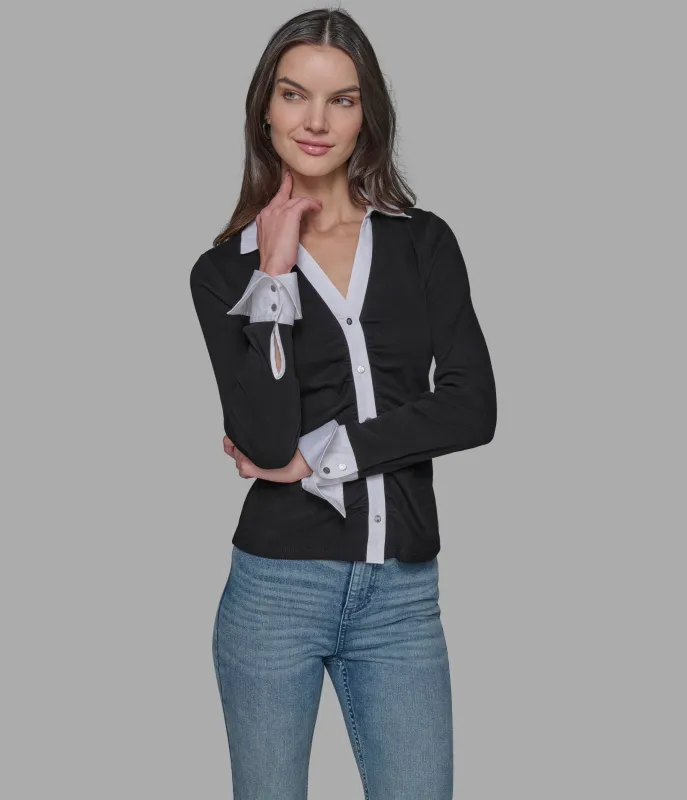 CONTRAST TRIM KNIT BUTTON DOWN sold by Karl Lagerfeld Paris