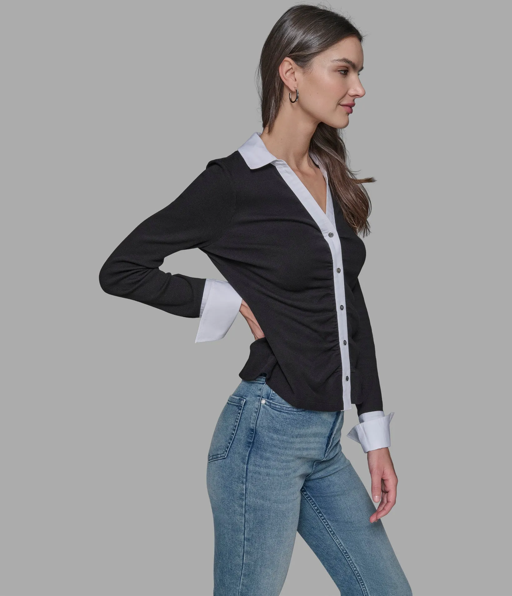 CONTRAST TRIM KNIT BUTTON DOWN sold by Karl Lagerfeld Paris product image thumbnail 3