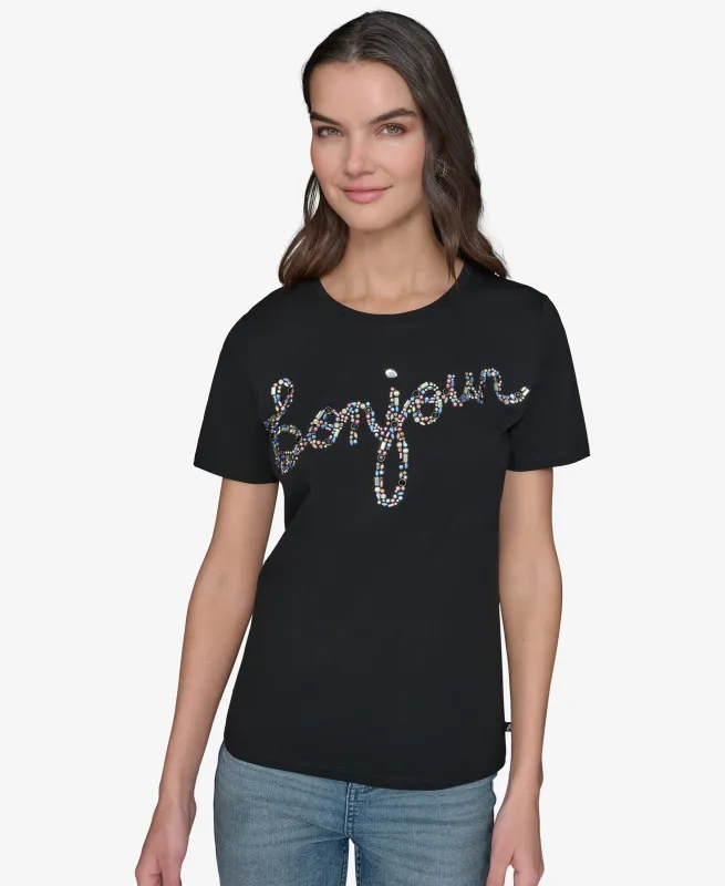 JEWELED BONJOUR LOGO TEE sold by Karl Lagerfeld Paris