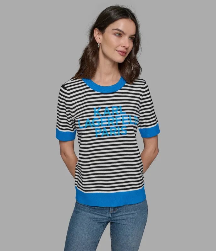SHORT SLEEVE STRIPED LOGO SWEATER sold by Karl Lagerfeld Paris