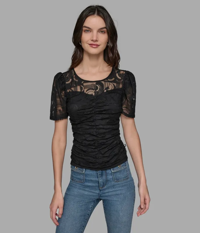 SHORT SLEEVE RUCHED LACE TOP sold by Karl Lagerfeld Paris
