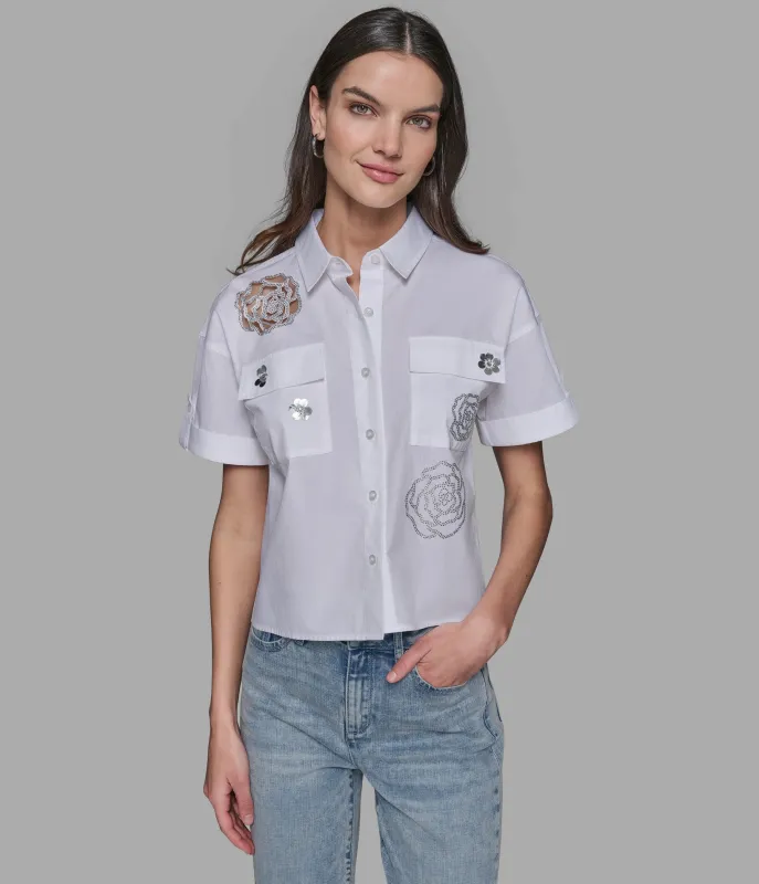 SHORT SLEEVE FLORAL SPARKLE CAMP POPLIN SHIRT sold by Karl Lagerfeld Paris