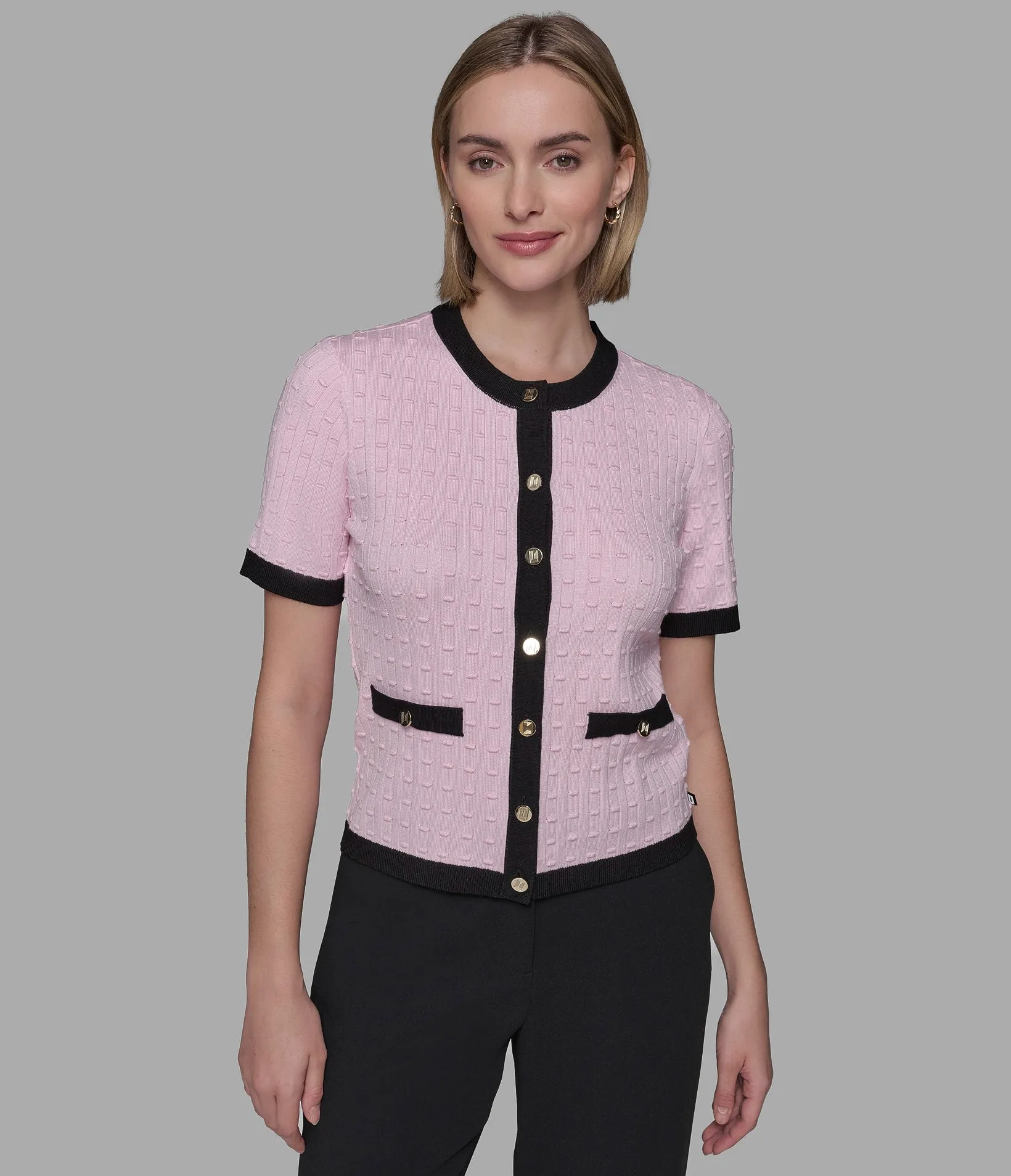 SHORT SLEEVE CONTRAST TRIM CARDIGAN sold by Karl Lagerfeld Paris