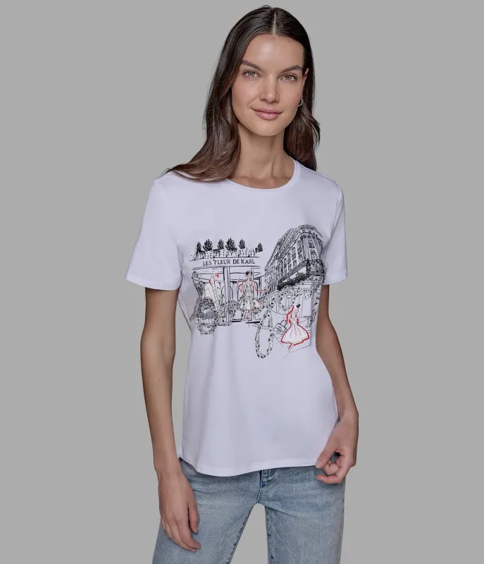 LUXE BONJOUR EMBELLISHED LOGO TEE sold by Karl Lagerfeld Paris
