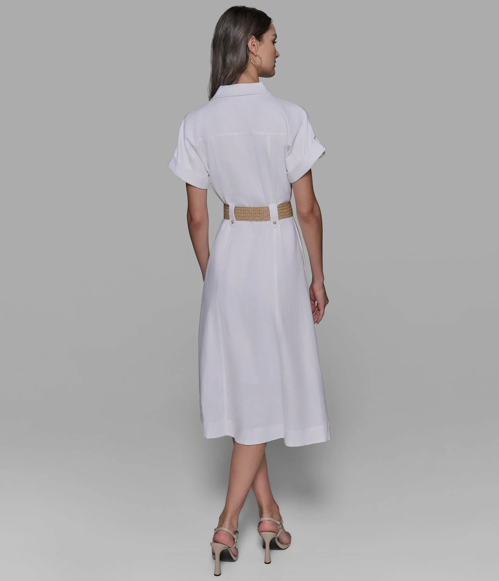 SHORT SLEEVE RAFFIA BELT LINEN SHIRT DRESS sold by Karl Lagerfeld Paris product image thumbnail 2