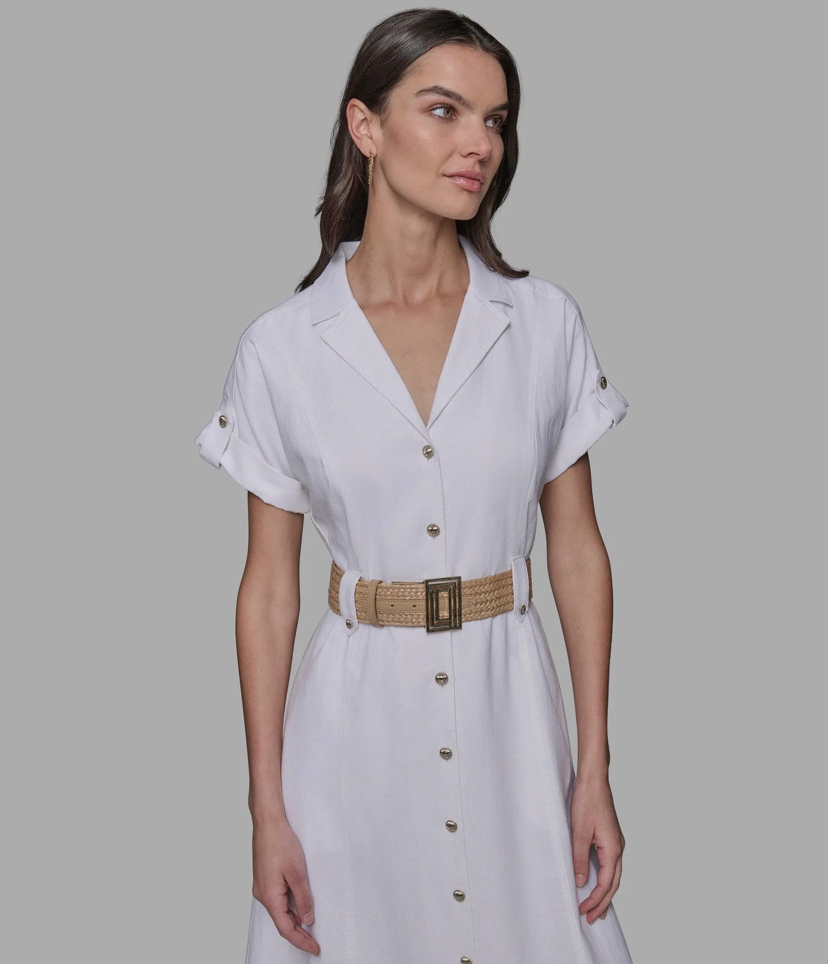 SHORT SLEEVE RAFFIA BELT LINEN SHIRT DRESS sold by Karl Lagerfeld Paris product image thumbnail 4