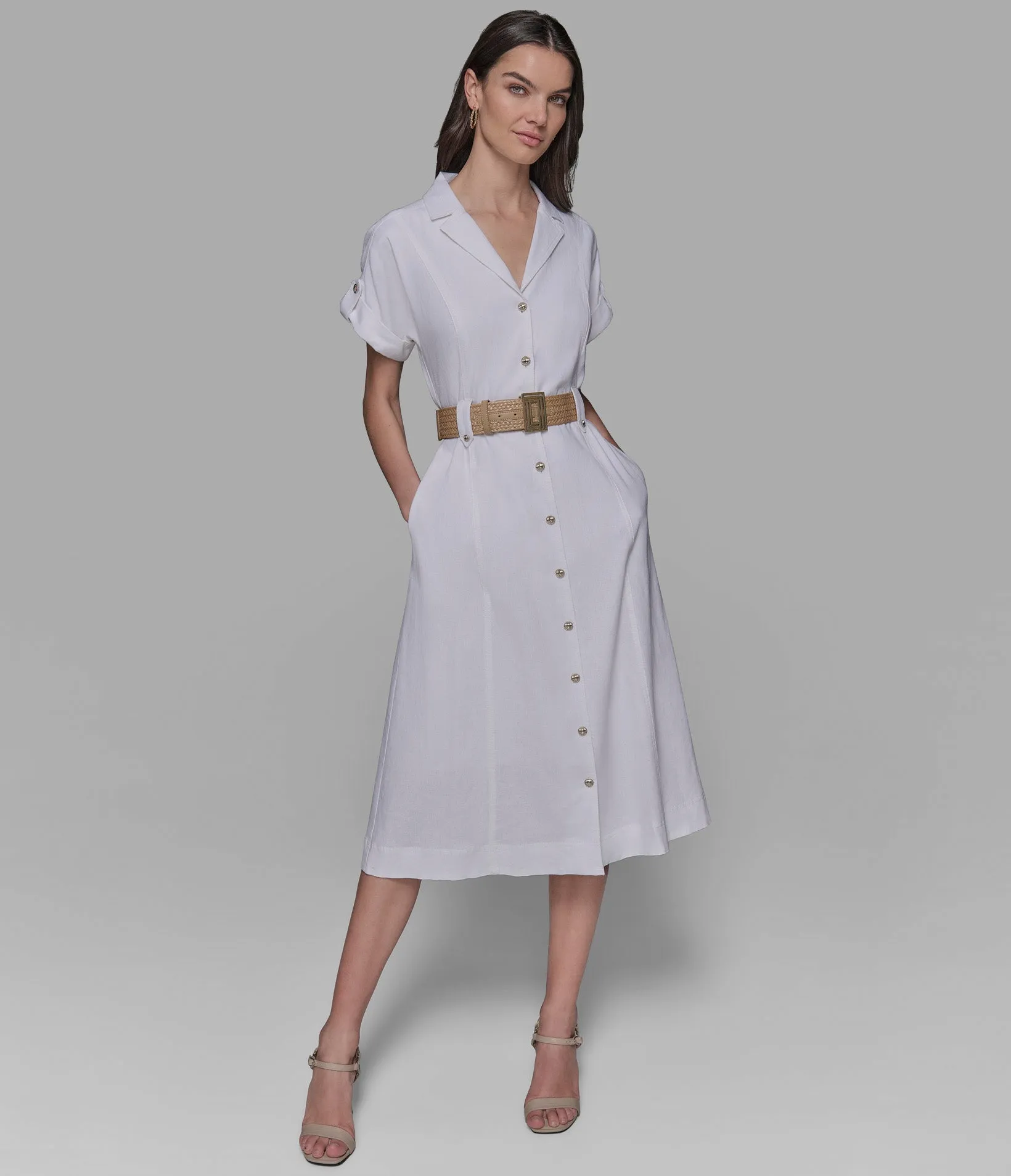 SHORT SLEEVE RAFFIA BELT LINEN SHIRT DRESS sold by Karl Lagerfeld Paris