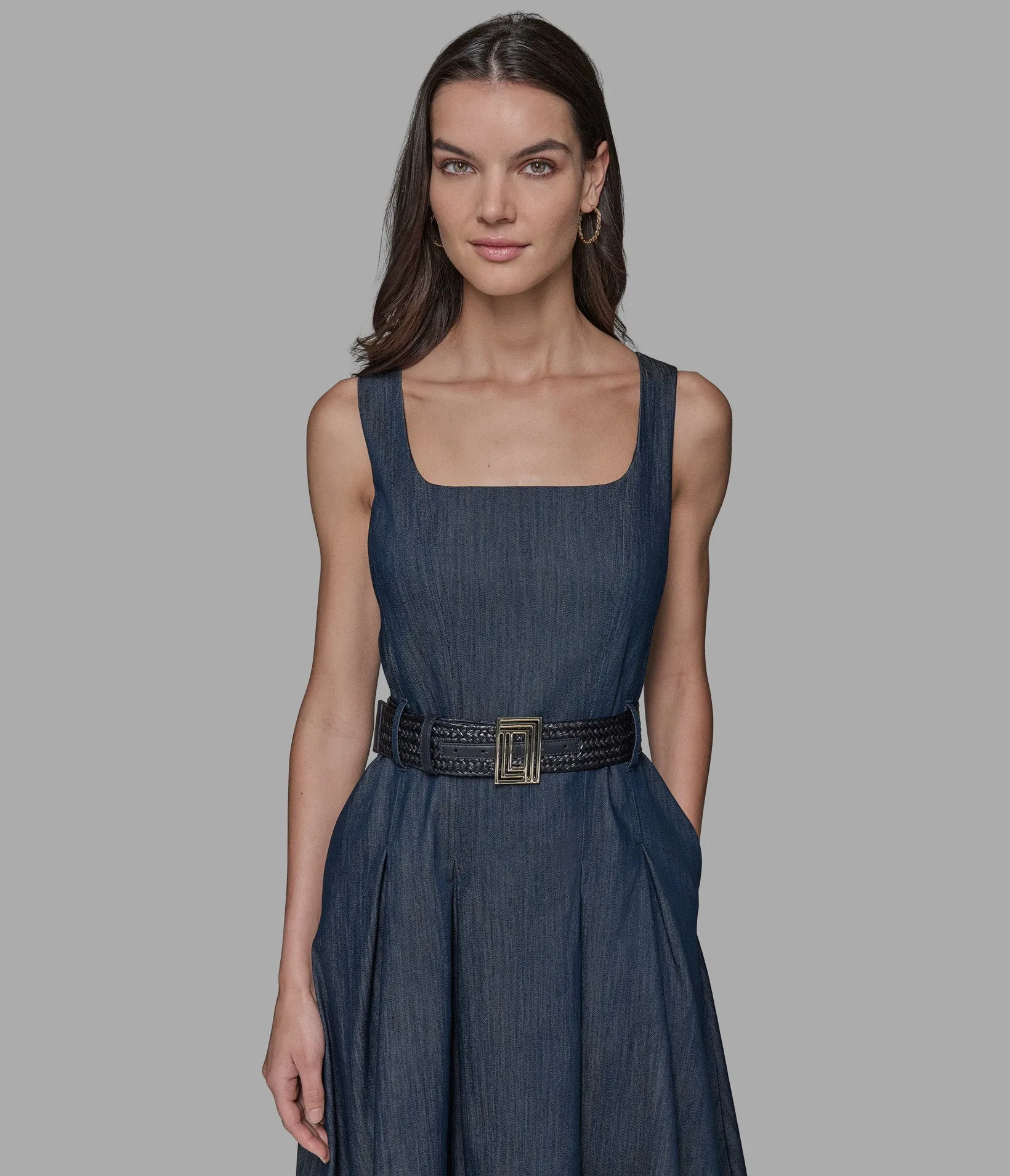SLEEVELESS RAFFIA BELTED DENIM MIDI DRESS sold by Karl Lagerfeld Paris product image thumbnail 5