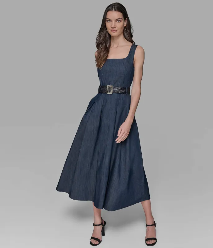SLEEVELESS RAFFIA BELTED DENIM MIDI DRESS sold by Karl Lagerfeld Paris