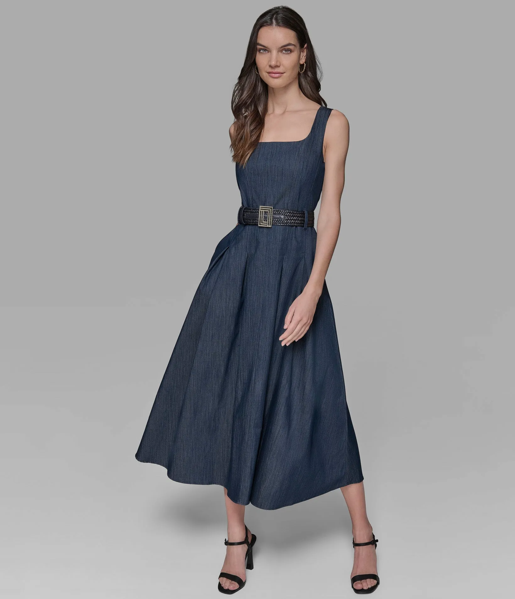 SLEEVELESS RAFFIA BELTED DENIM MIDI DRESS sold by Karl Lagerfeld Paris