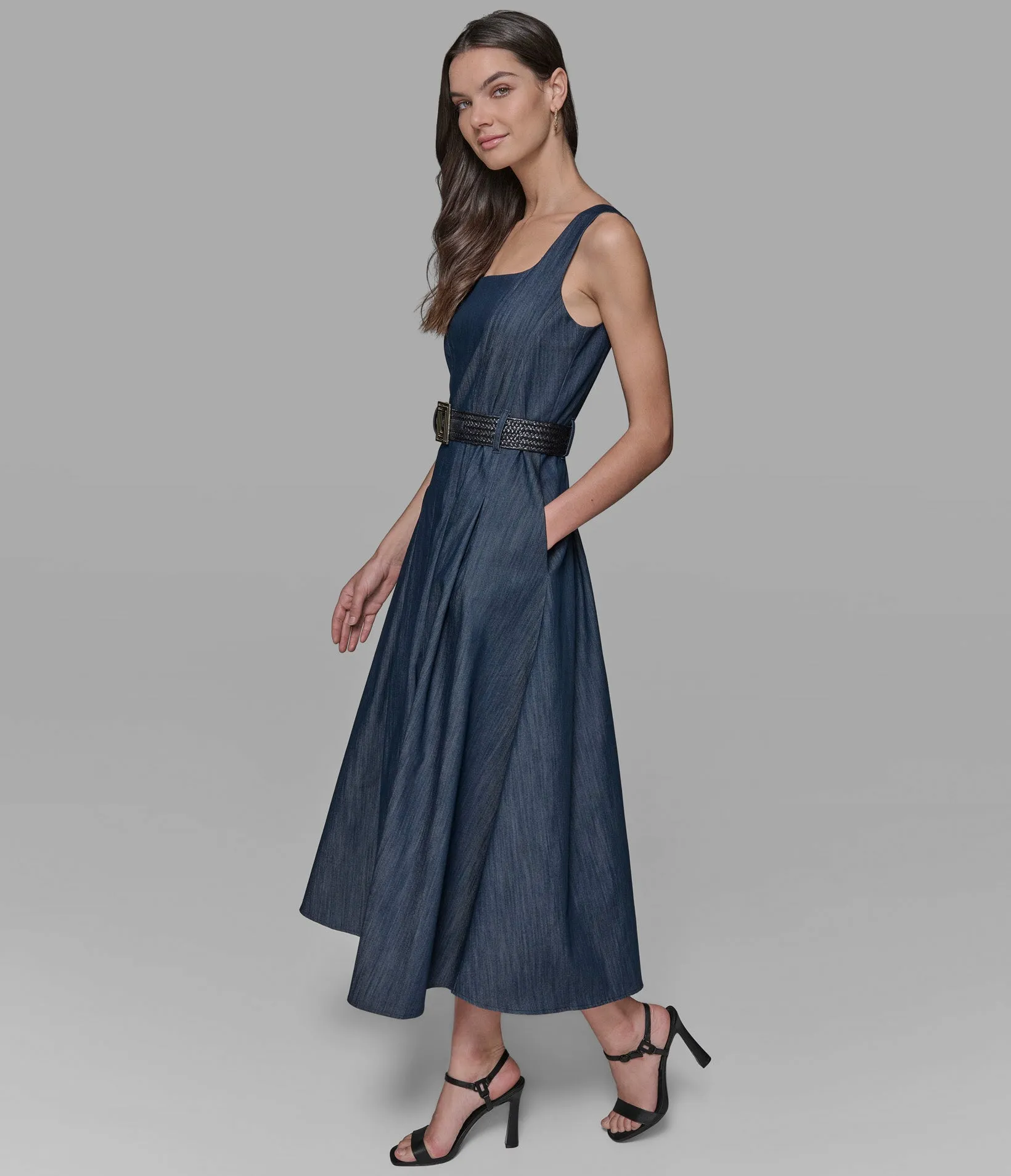 SLEEVELESS RAFFIA BELTED DENIM MIDI DRESS sold by Karl Lagerfeld Paris product image thumbnail 3