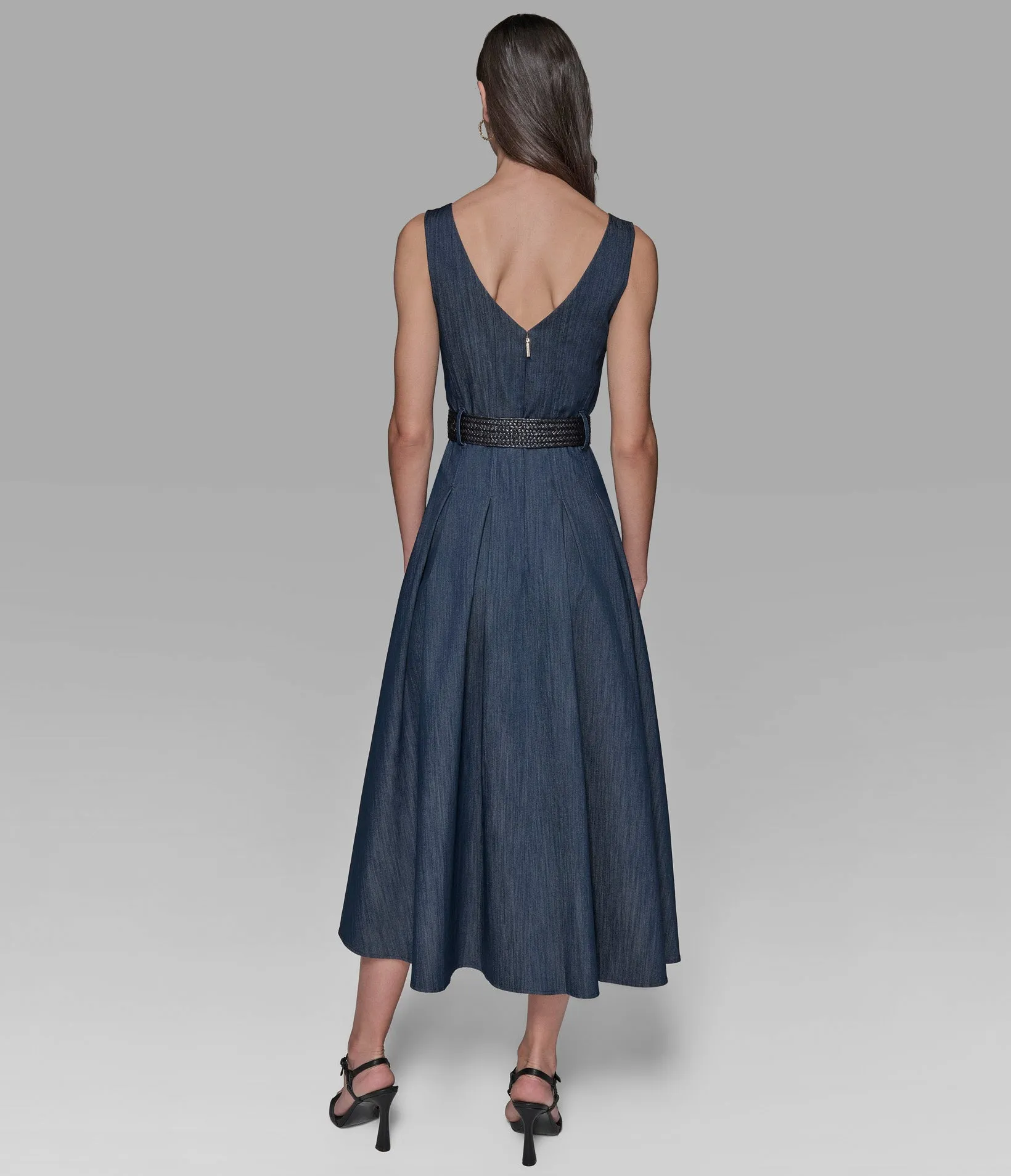 SLEEVELESS RAFFIA BELTED DENIM MIDI DRESS sold by Karl Lagerfeld Paris product image thumbnail 2