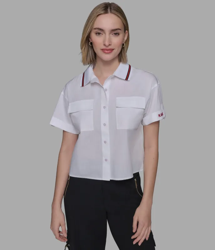 SHORT SLEEVE PIPED CAMP POPLIN SHIRT sold by Karl Lagerfeld Paris