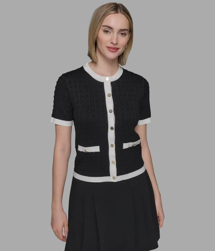 SHORT SLEEVE CONTRAST TRIM CARDIGAN sold by Karl Lagerfeld Paris