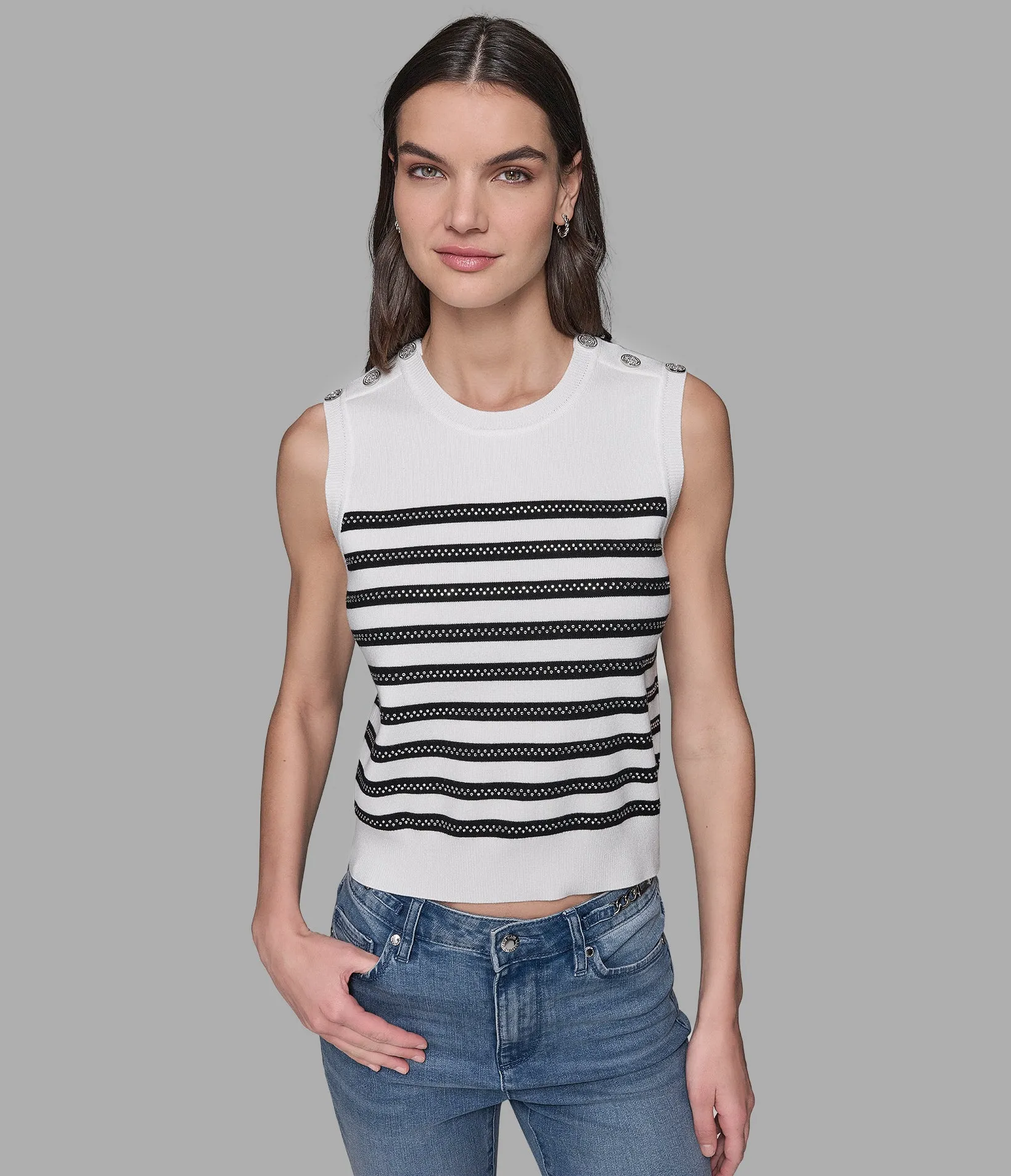 CAPSULE SLEEVELESS STRIPED SHELL SWEATER sold by Karl Lagerfeld Paris