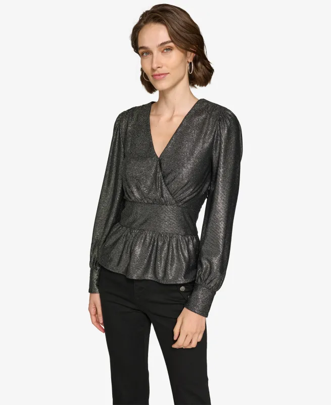 LONG SLEEVE LUREX STRIPE PEPLUM TOP sold by Karl Lagerfeld Paris