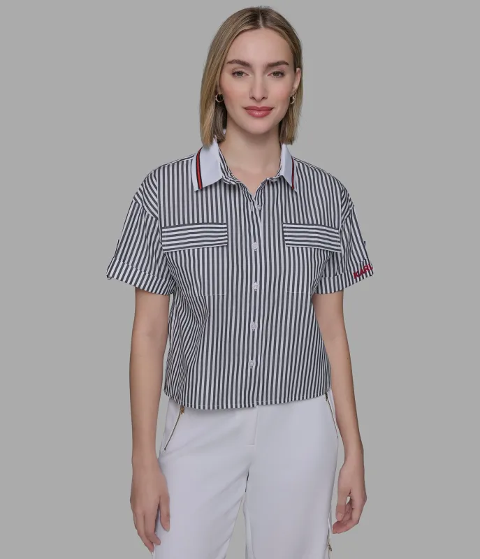 SHORT SLEEVE STRIPED POPLIN SHIRT sold by Karl Lagerfeld Paris