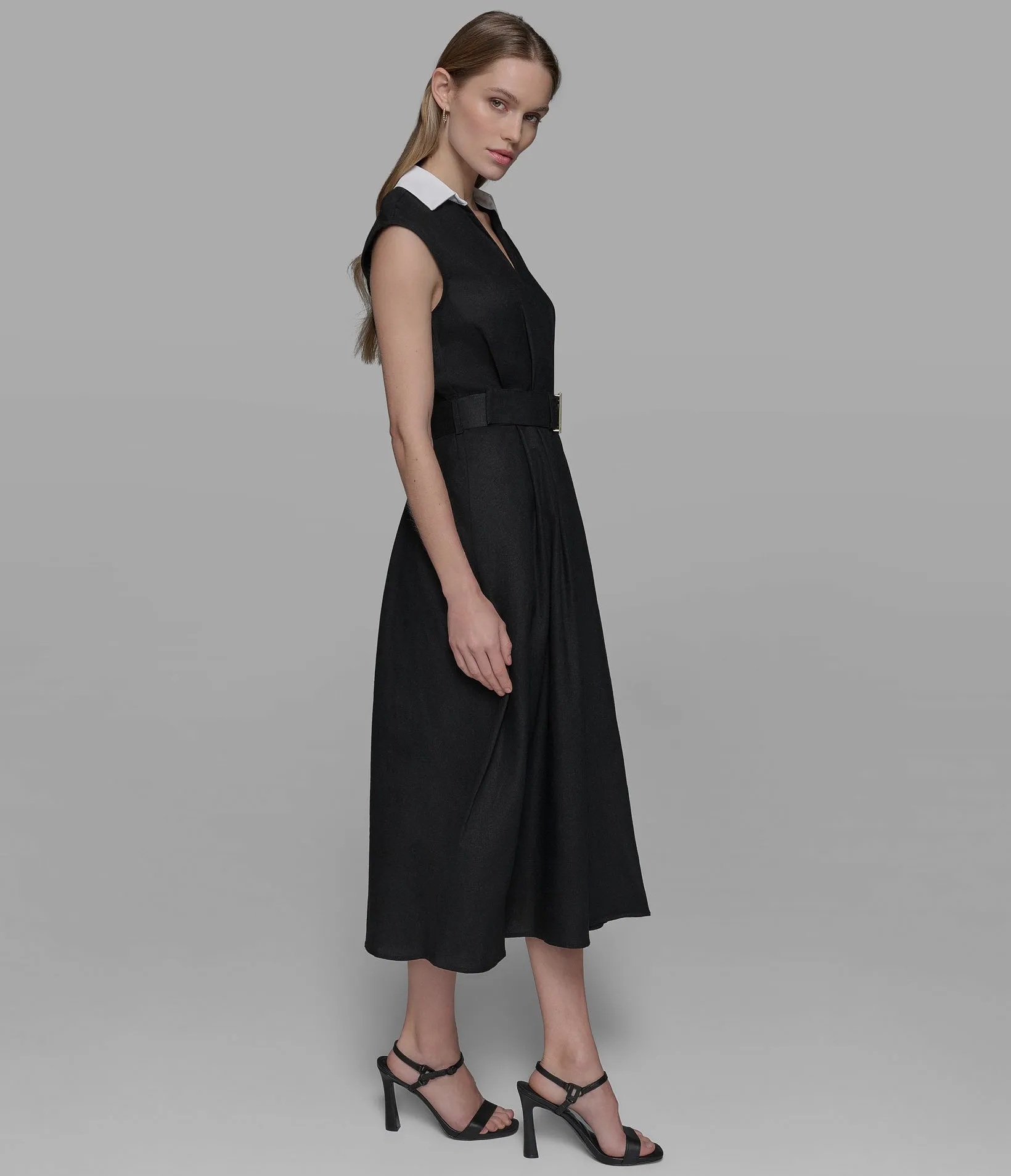 SLEEVELESS BELTED MIDI LINEN DRESS sold by Karl Lagerfeld Paris product image thumbnail 3