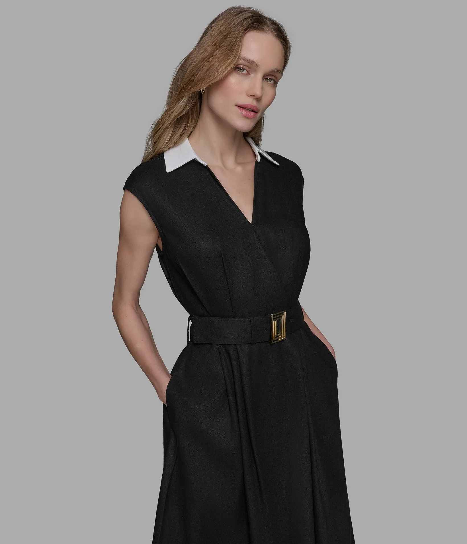SLEEVELESS BELTED MIDI LINEN DRESS sold by Karl Lagerfeld Paris product image thumbnail 5