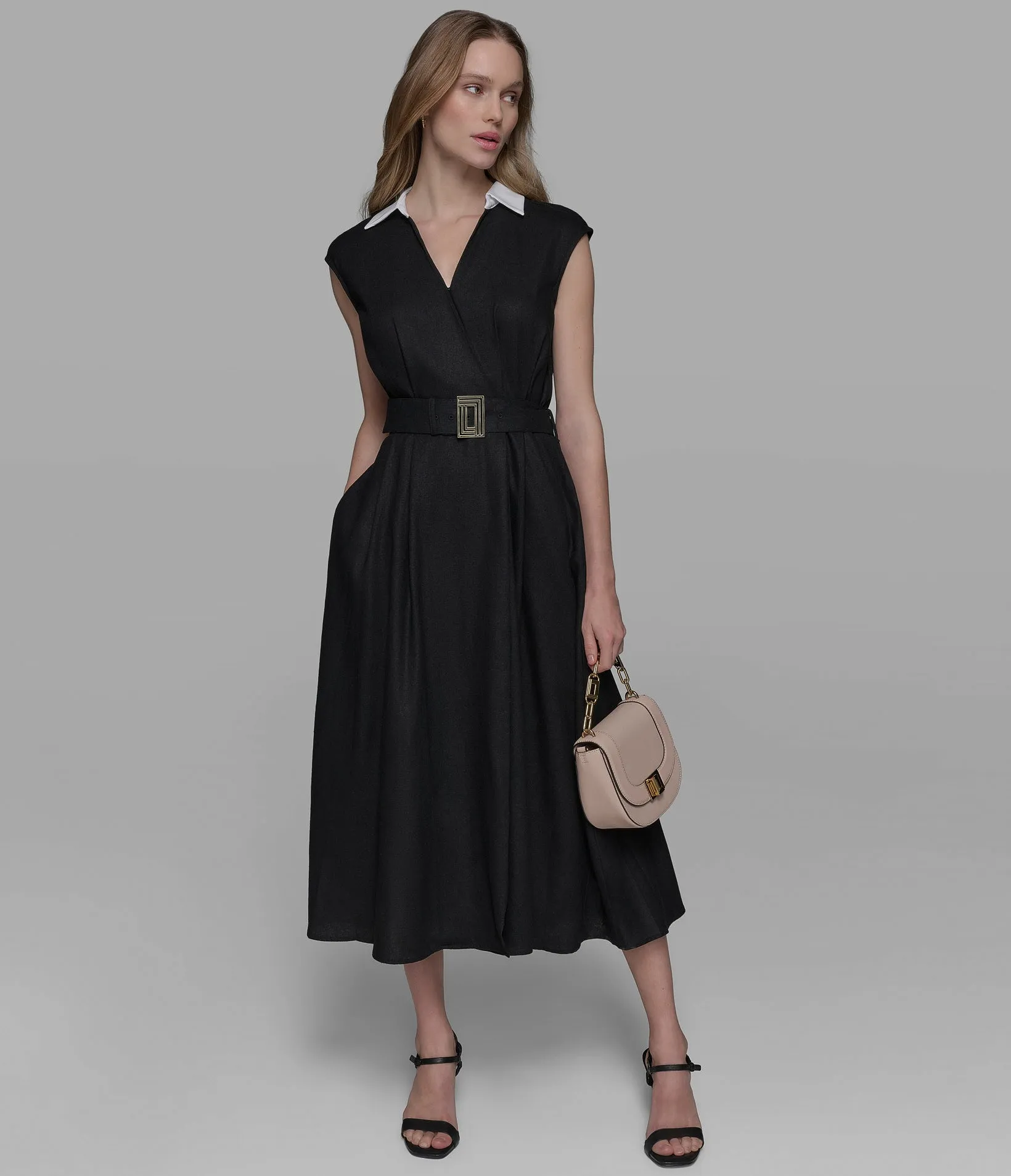 SLEEVELESS BELTED MIDI LINEN DRESS sold by Karl Lagerfeld Paris product image thumbnail 4