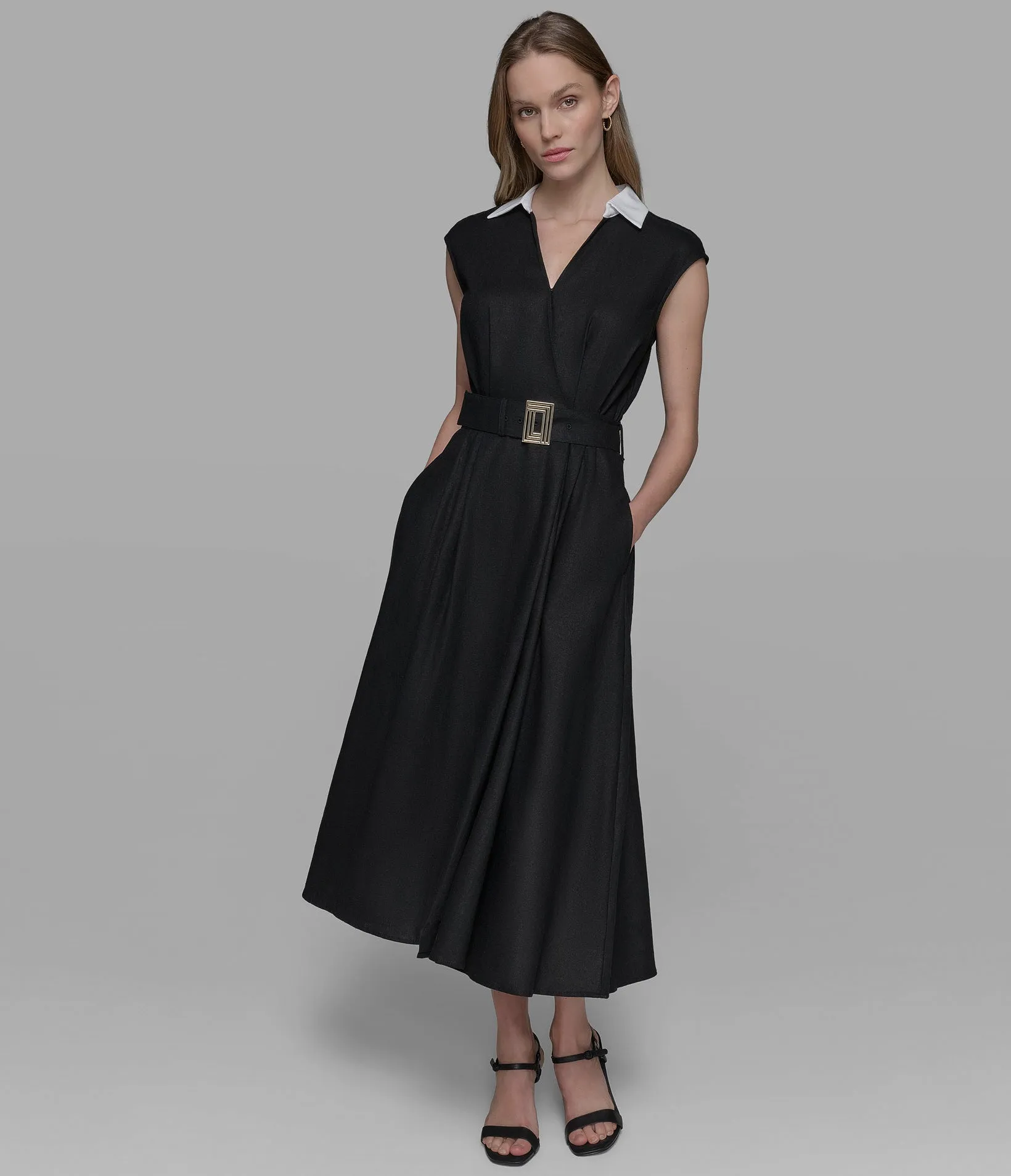 SLEEVELESS BELTED MIDI LINEN DRESS sold by Karl Lagerfeld Paris