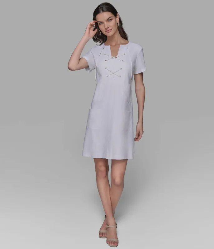 SHORT SLEEVE LACE UP LINEN DRESS sold by Karl Lagerfeld Paris