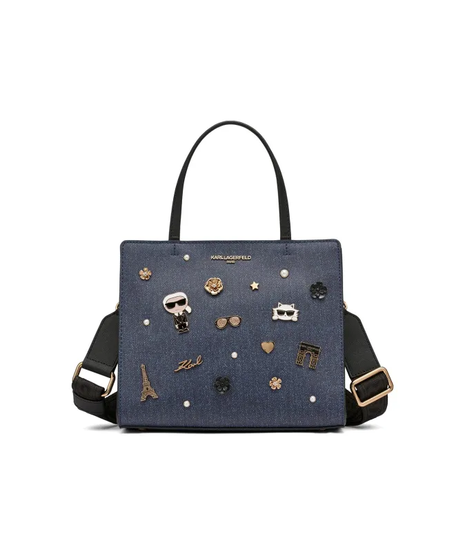 MAYBELLE DENIM SATCHEL WITH PINS sold by Karl Lagerfeld Paris