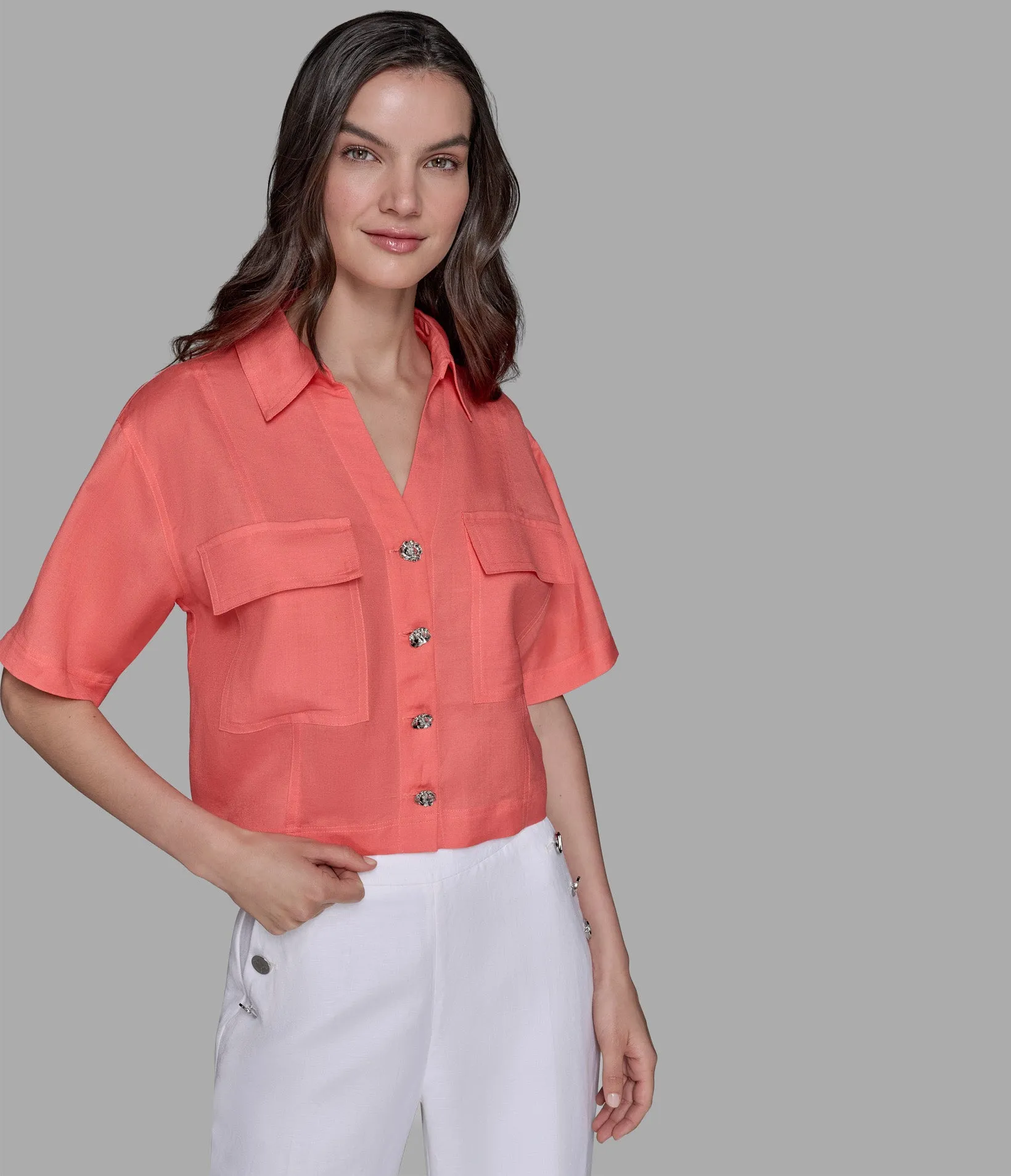 SHORT SLEEVE SOLID CAMP SHIRT sold by Karl Lagerfeld Paris