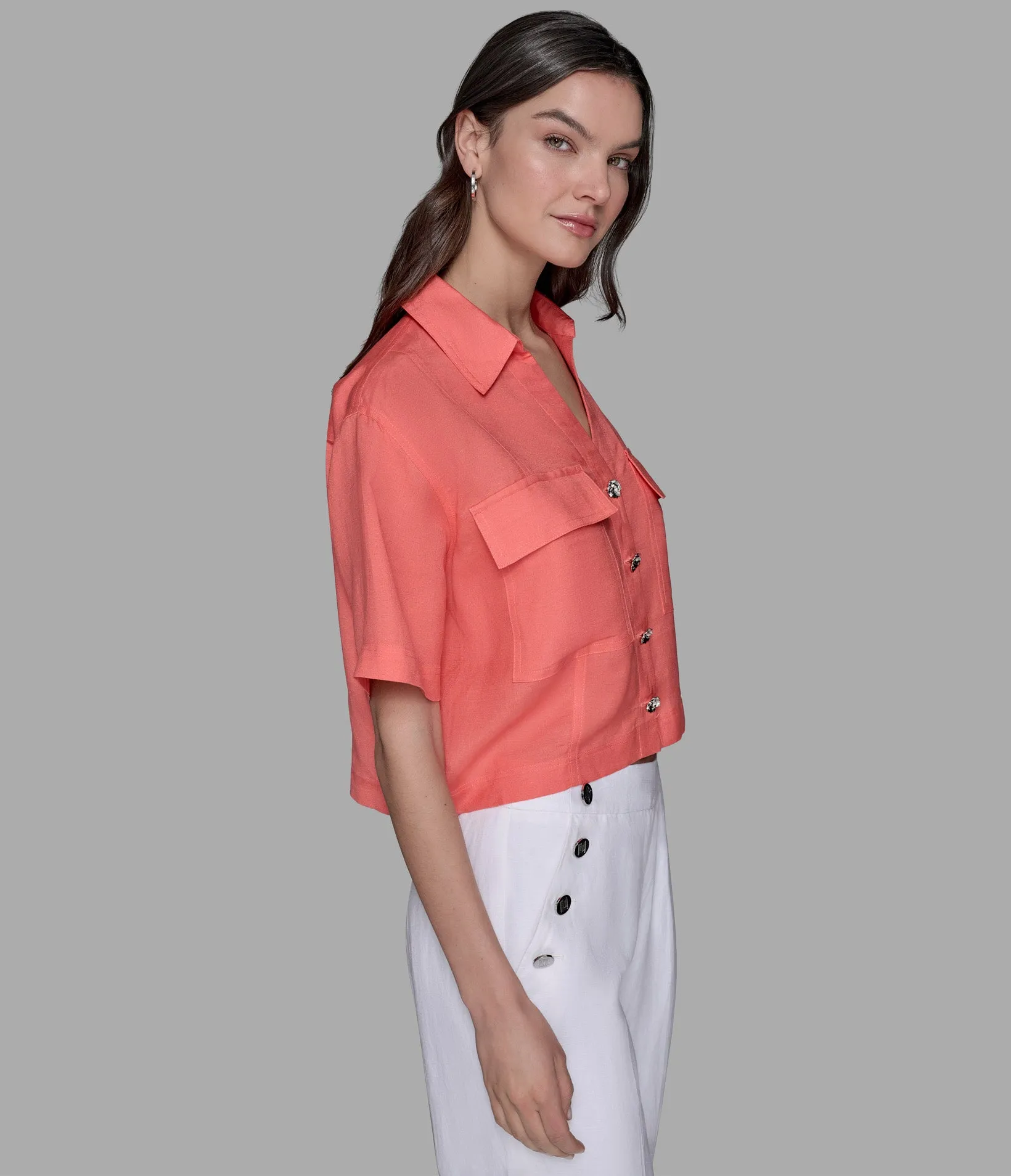 SHORT SLEEVE SOLID CAMP SHIRT sold by Karl Lagerfeld Paris product image thumbnail 4