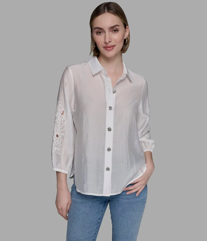 EMBELLISHED SHIRT WITH EYELET SLEEVE sold by Karl Lagerfeld Paris