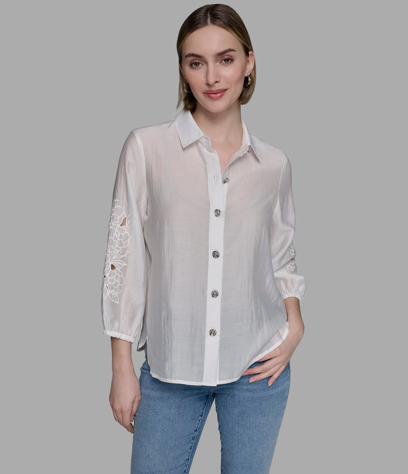 EMBELLISHED SHIRT WITH EYELET SLEEVE sold by Karl Lagerfeld Paris