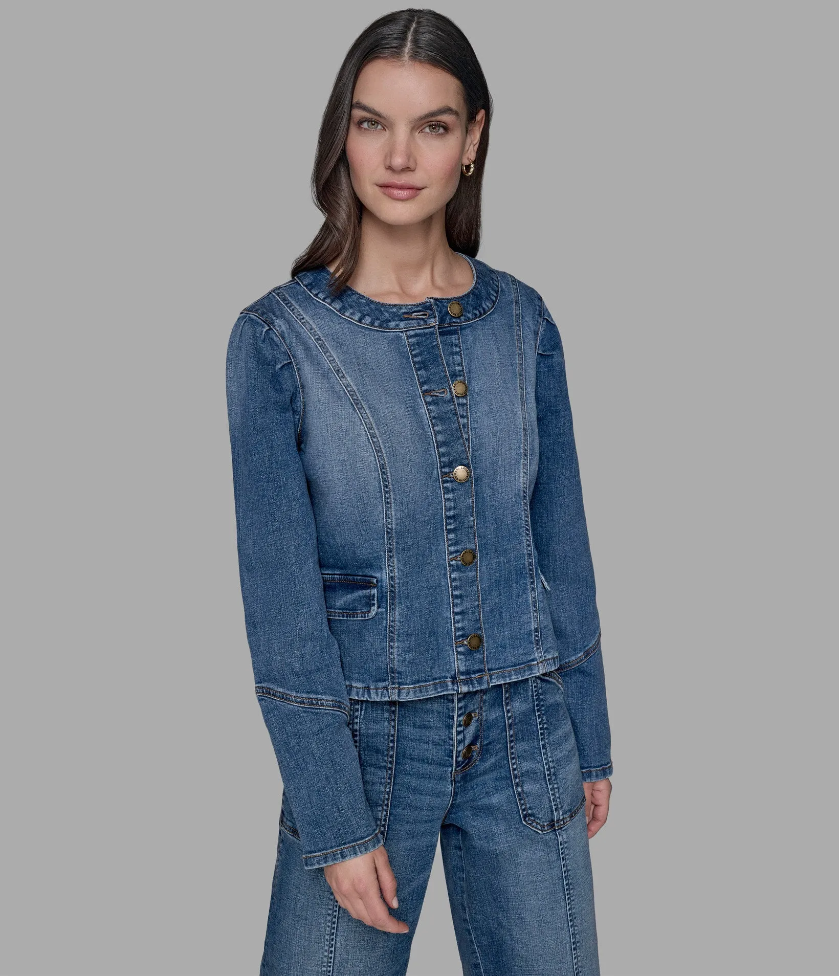 COLLARLESS DENIM JACKET sold by Karl Lagerfeld Paris