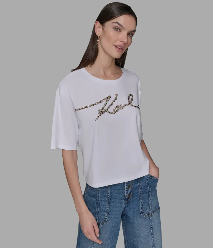 EMBELLISHED KARL SCRIPT KNIT TOP sold by Karl Lagerfeld Paris