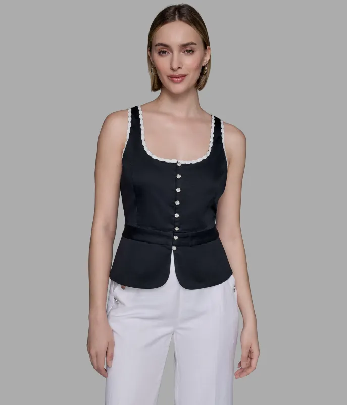 SLEEVELESS SCALLOPED EDGE WOVEN TANK sold by Karl Lagerfeld Paris