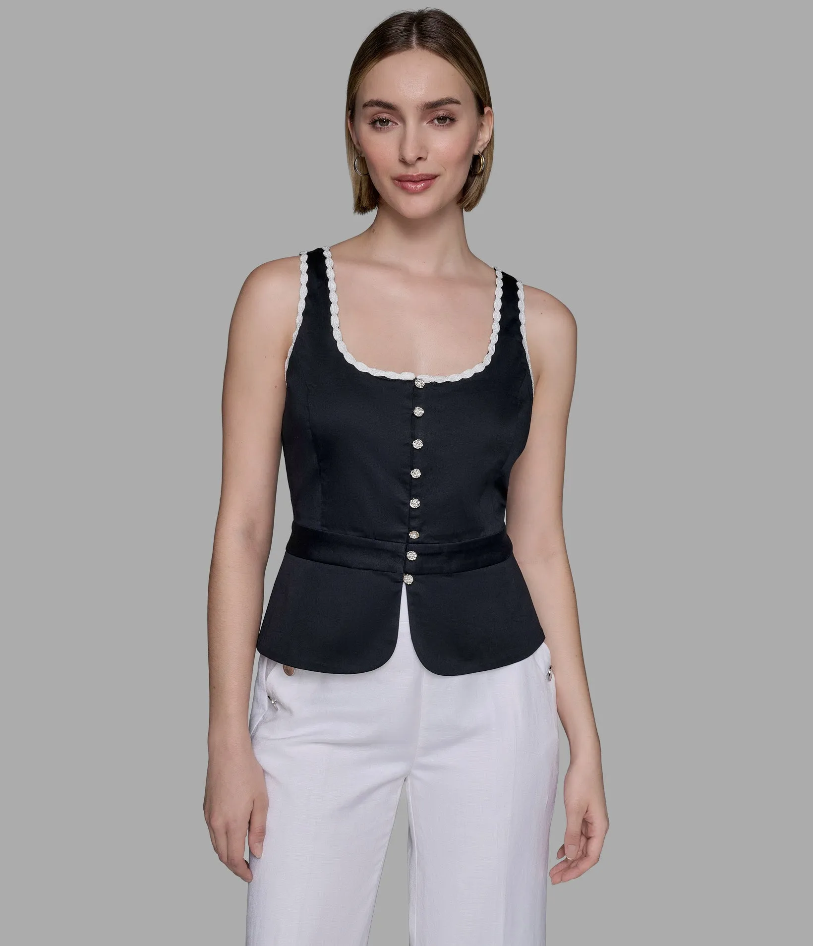 SLEEVELESS SCALLOPED EDGE WOVEN TANK sold by Karl Lagerfeld Paris