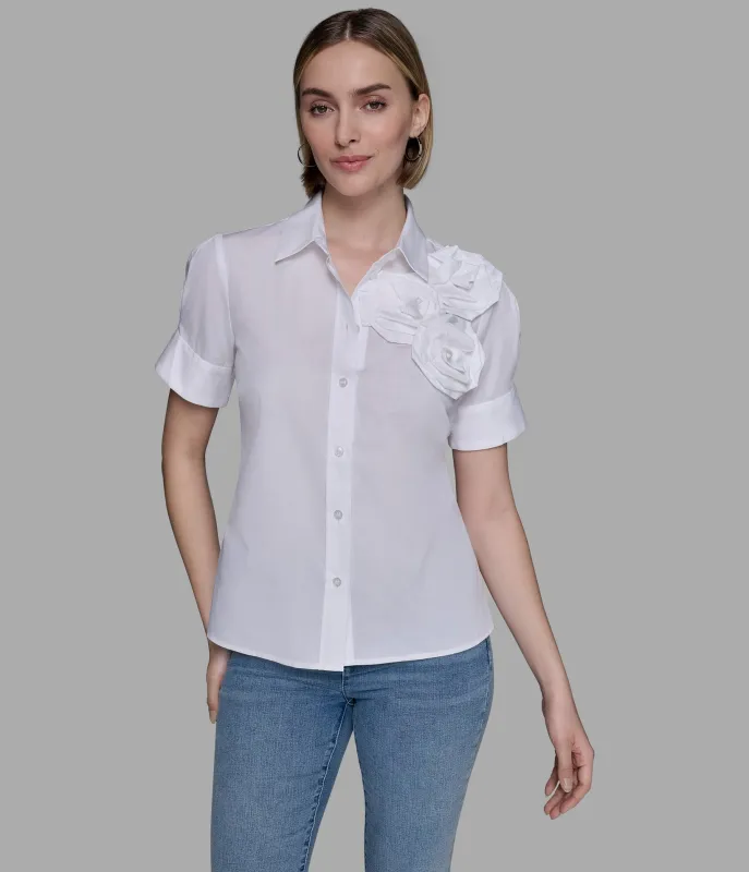 SHORT SLEEVE POPLIN SHIRT WITH FLORAL APPLIQUÉ sold by Karl Lagerfeld Paris
