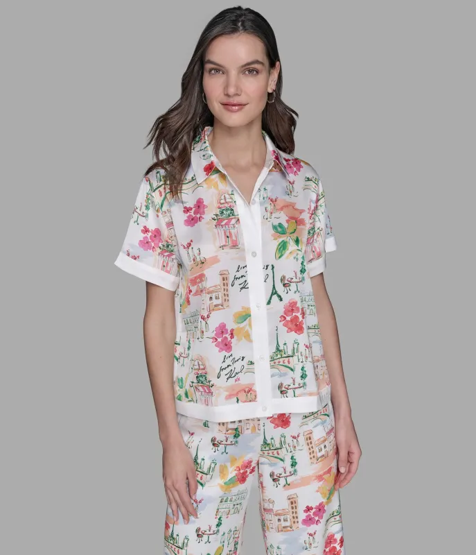 SHORT SLEEVE SILKY CAMP SHIRT sold by Karl Lagerfeld Paris