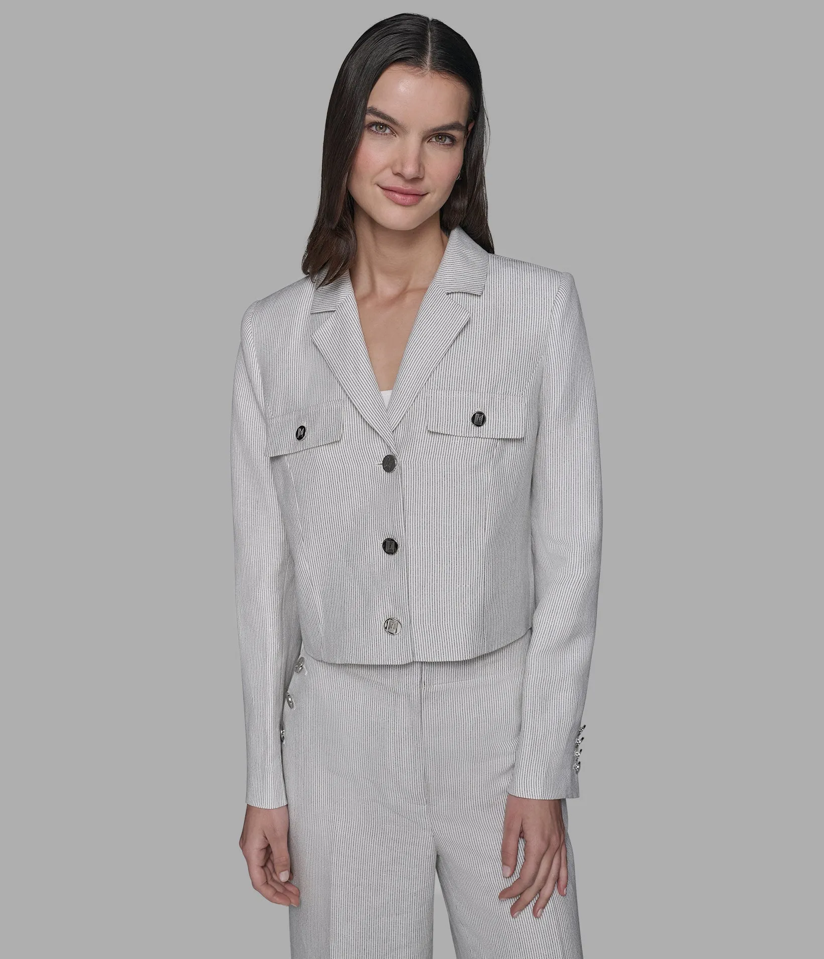 PINSTRIPE CROPPED LINEN JACKET sold by Karl Lagerfeld Paris