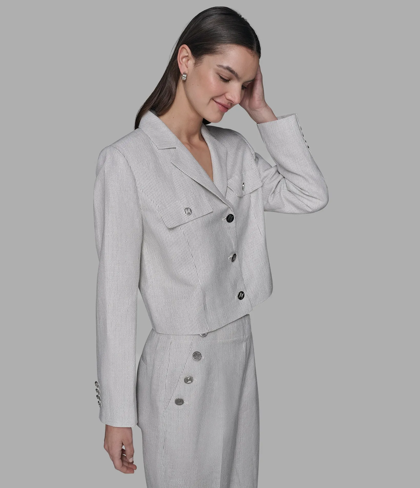 PINSTRIPE CROPPED LINEN JACKET sold by Karl Lagerfeld Paris product image thumbnail 4