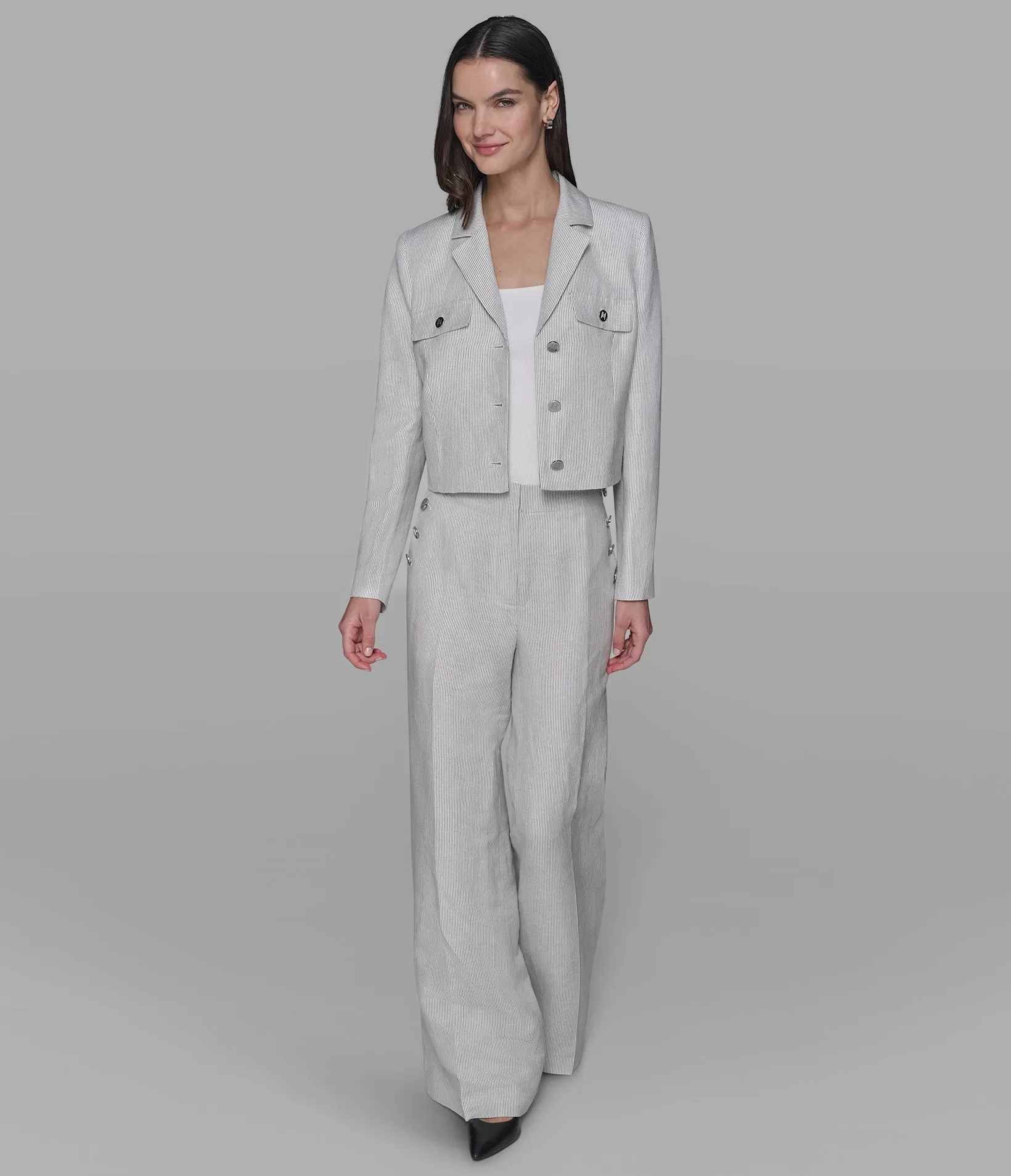 PINSTRIPE CROPPED LINEN JACKET sold by Karl Lagerfeld Paris product image thumbnail 3