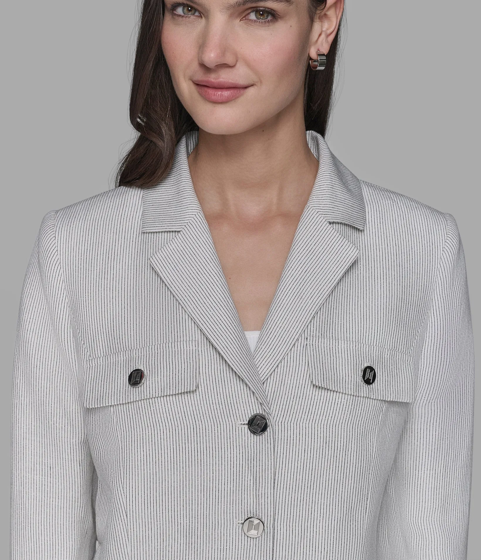 PINSTRIPE CROPPED LINEN JACKET sold by Karl Lagerfeld Paris product image thumbnail 5
