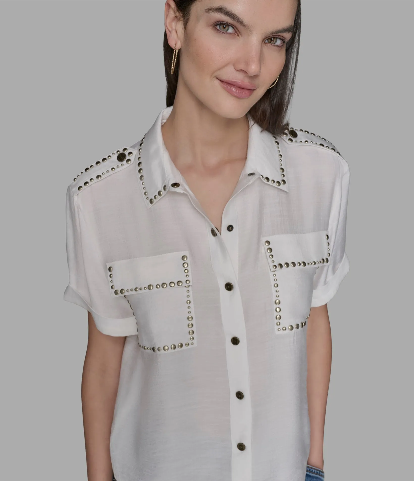 STUDDED WOVEN CAMP SHIRT sold by Karl Lagerfeld Paris product image thumbnail 5