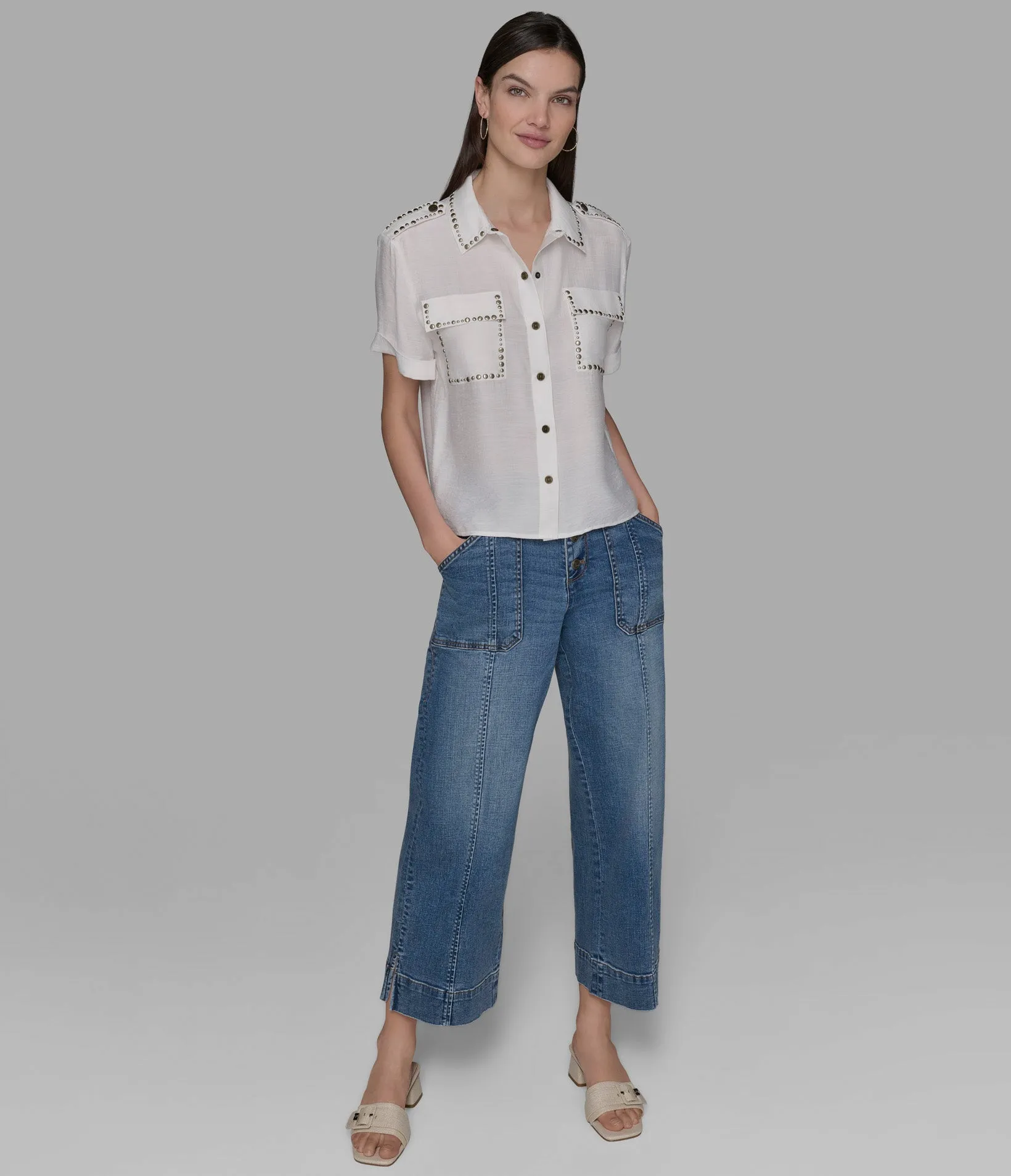 STUDDED WOVEN CAMP SHIRT sold by Karl Lagerfeld Paris product image thumbnail 3