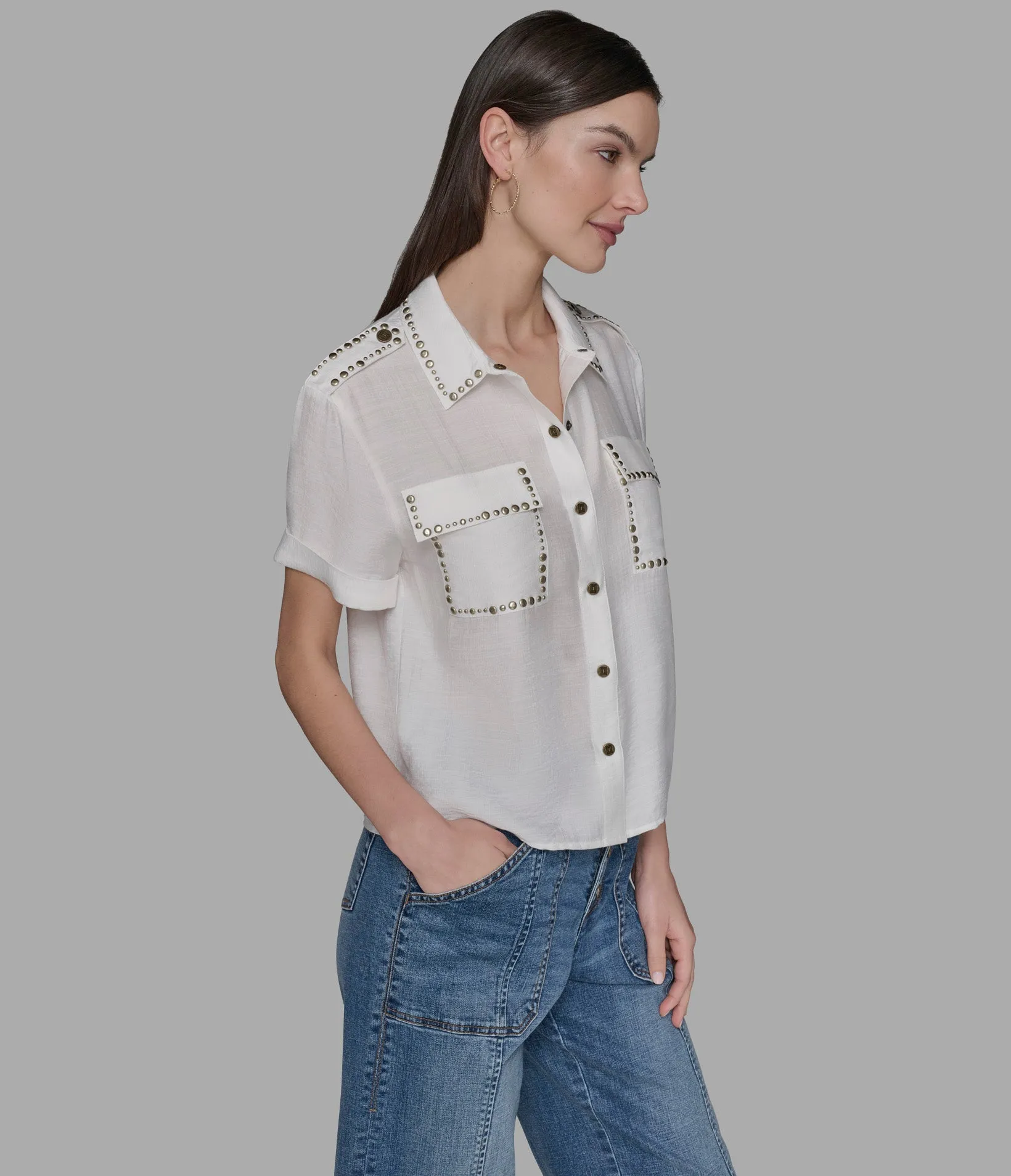 STUDDED WOVEN CAMP SHIRT sold by Karl Lagerfeld Paris product image thumbnail 4