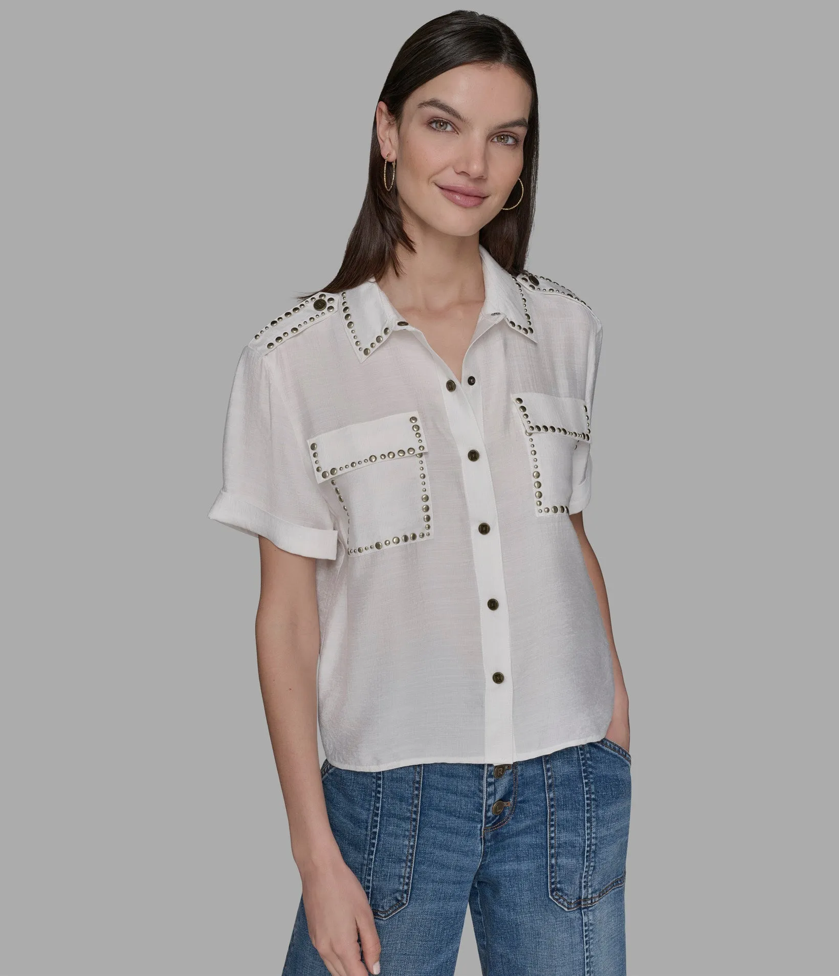 STUDDED WOVEN CAMP SHIRT sold by Karl Lagerfeld Paris